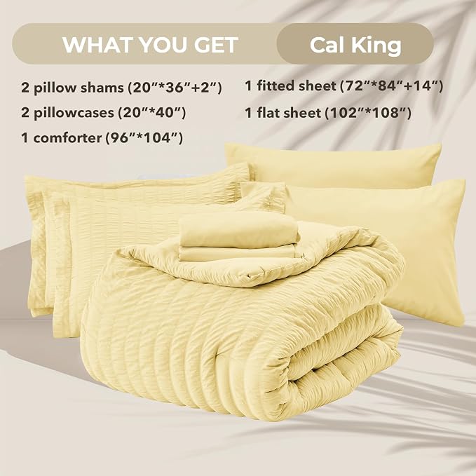 HYMOKEGE Yellow California King Comforter Set Seersucker 7 Pieces, All Season - Image 6