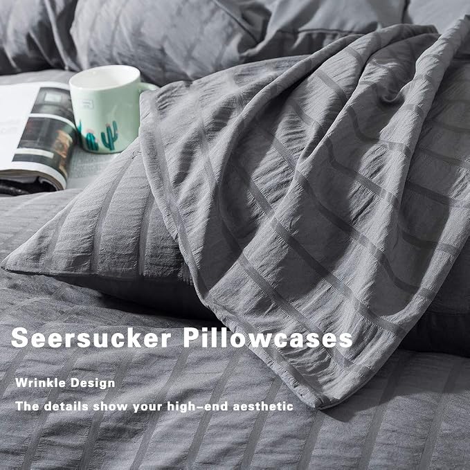 AveLom Seersucker Duvet Cover Set Full Size, 3 Pieces, Dark Gray Ultra Soft - Image 5