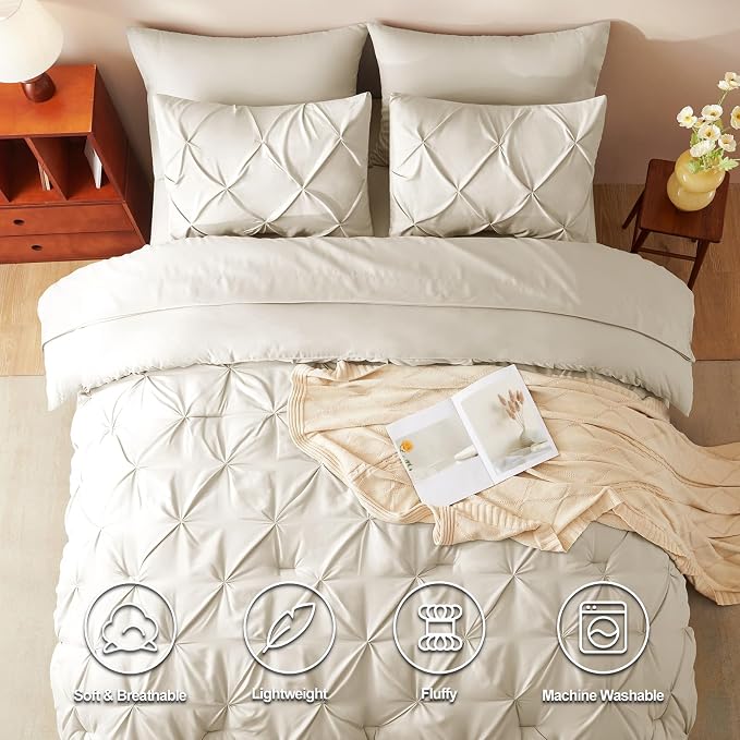 HIMEET Pintuck Bed in a Bag, 5 Pieces Twin Comforter Set Beige, Pinch Pleat Bed - Image 2