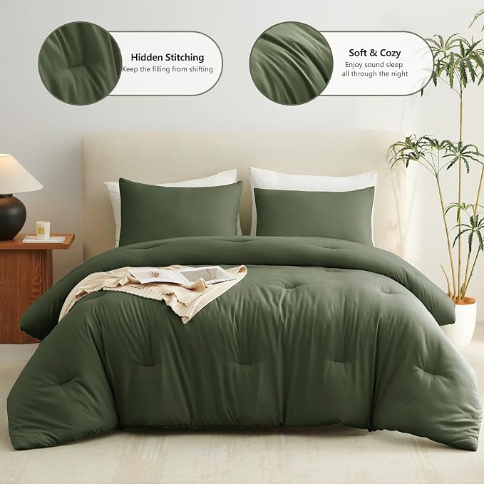 CozyLux California King Comforter Set Olive Green, 3 Pieces Cal King Solid - Image 2