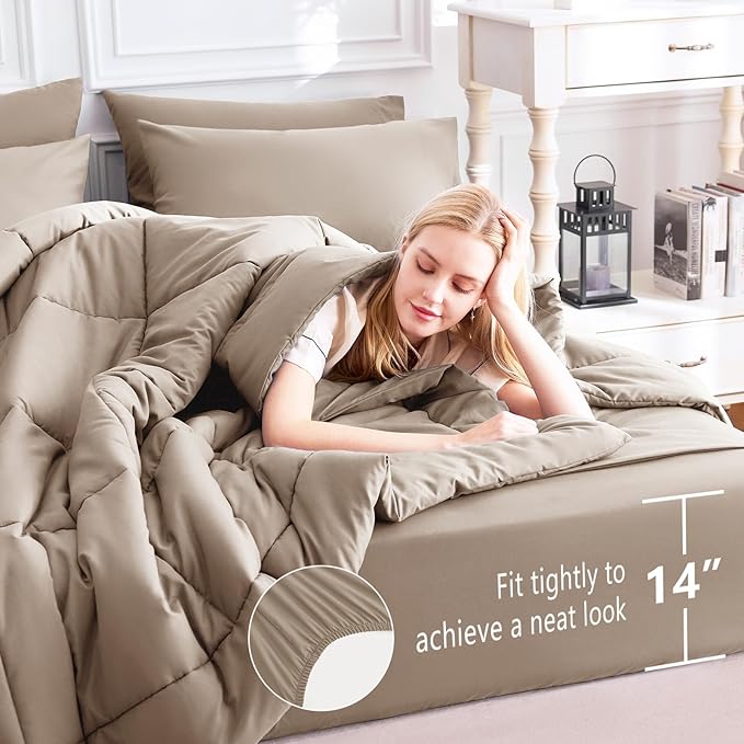 CozyLux Full Size Comforter Sets Khaki, 7 Pieces Bed in a Bag, Khaki Comforter - Image 5
