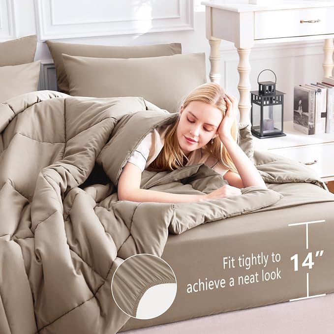 CozyLux King Size Comforter Set Khaki, 7 Pieces Bed in a Bag, Khaki Comforter - Image 5