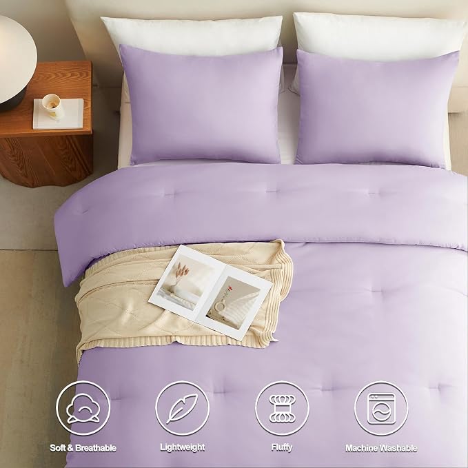 CozyLux Lavender Full Size Comforter Set, 3 Pieces Light Purple Solid - Image 5