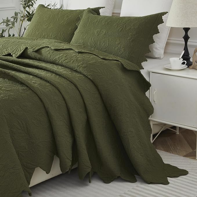 Brandream Olive Green Floral Vine Cotton Quilt Set King Size Luxury Scalloped by Brandream