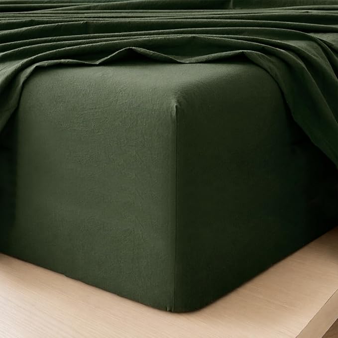 MooMee Fitted Bottom Sheet Only 100% Washed Cotton Linen Like Textured by MOOMEE