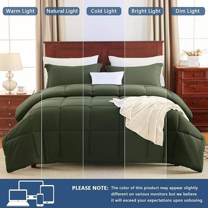 CozyLux Oversized King Comforter Set, 3 Pieces Olive Green 120x98 Box Stitched - Image 5