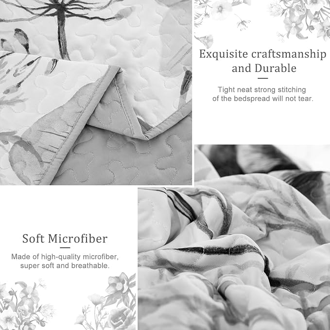Floral Quilt Set California King 3 Pieces Grey Floral Quilt Coverlet Set Soft - Image 6