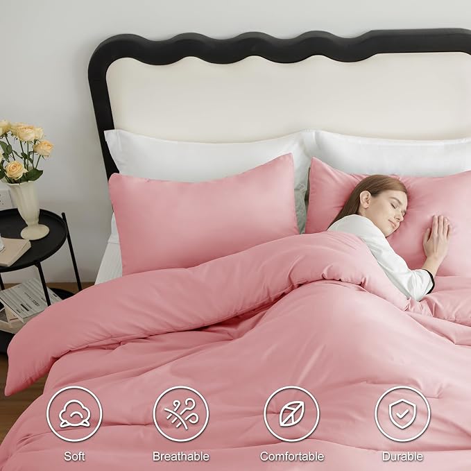 CozyLux Full Size Comforter Set Pink, 3 Pieces Solid Breathable Quilted Bedding - Image 5
