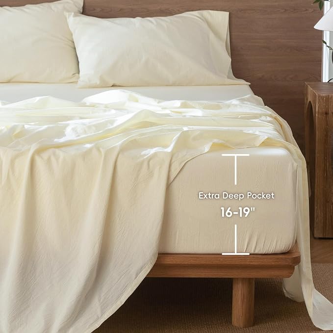 MooMee Fitted Bottom Sheet Only 100% Washed Cotton Linen Like Textured - Image 2