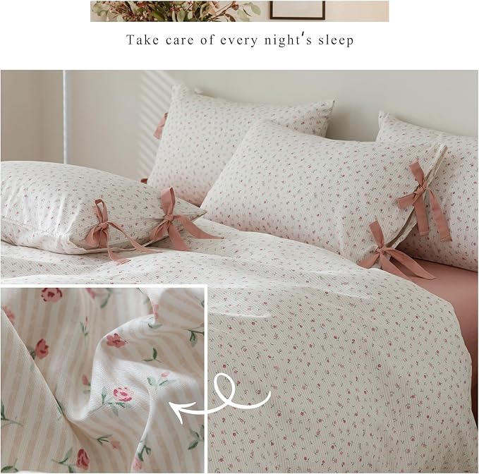 mixinni White Flower Pattern Duvet Cover King Pink Floral Stripes Duvet Cover - Image 7