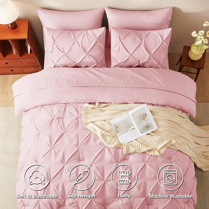 CozyLux Queen Comforter Set Pink, 7 Pieces Pintuck Bed in A Bag, Premium Pink - Image 2