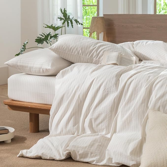 MooMee Striped Duvet Cover Set 100% Washed Cotton Linen Like Textured - Image 5