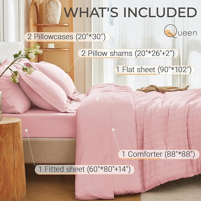 MUXHOMO 7 Pieces Queen Comforter Set, Seersucker Bed in a Bag Queen Size - Image 4