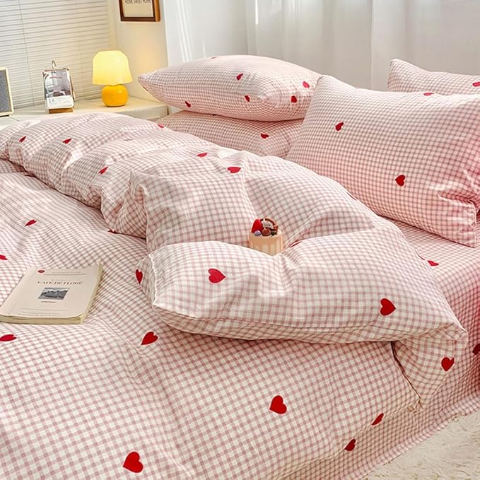 Nayoroom Gingham Duvet Cover Queen Size Pink Plaid Red Heart Printed on White - Image 2