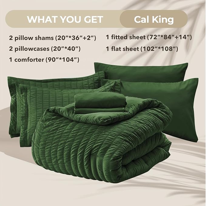 HYMOKEGE Dark Green California King Comforter Set Seersucker 7 Pieces, All - Image 5
