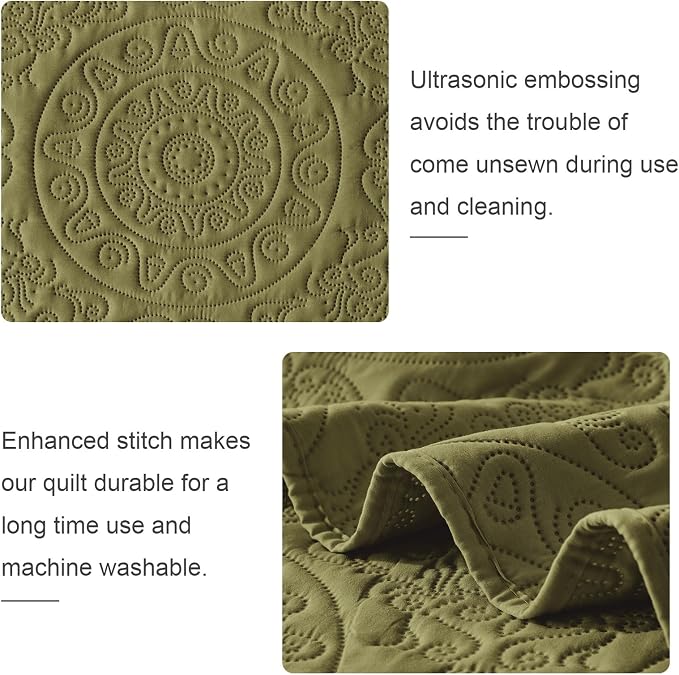 WURUIBO Olive Green Quilt Set Twin Size, Embossing Microfiber Bedspreads - Image 5
