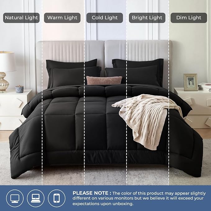 Sasttie California King Comforter Set Black, 7 Pieces Cal King Bed in a Bag - Image 8