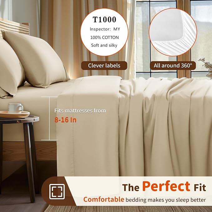 LBRO2M 1000 Thread Count 100% Egyptian Cotton Sheets Set Twin, 3 Piece Sets Bed - Image 3