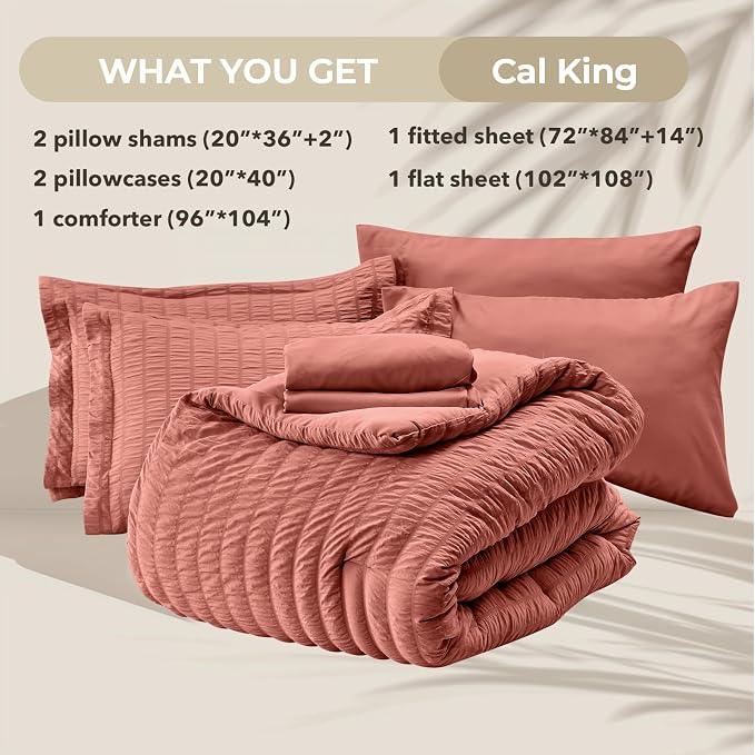HYMOKEGE Coral California King Comforter Set Seersucker 7 Pieces, All Season - Image 6