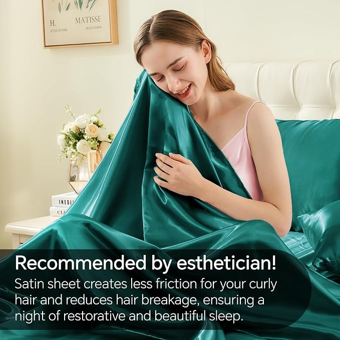 BEDELITE Satin Sheets Queen Size Bed Set, Luxury Soft Teal Silky Sheets - Image 4