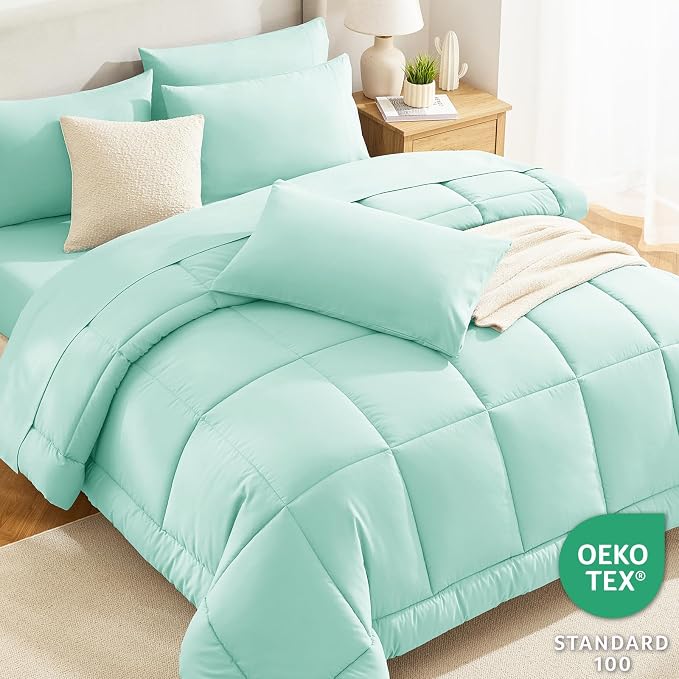 CozyLux King Size Comforter Set Mint Green, 7 Pieces Bed in a Bag, All Season - Image 3
