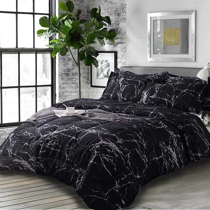 Nanko King Comforter Set, Dark Black Marble Print 104 x 90 inch Reversible Down by NANKO