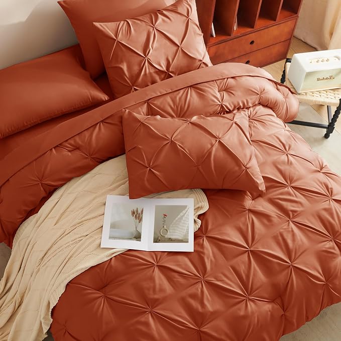 HIMEET Pintuck Bed in a Bag, 7 Pieces King Size Comforter Set Burnt Orange - Image 4