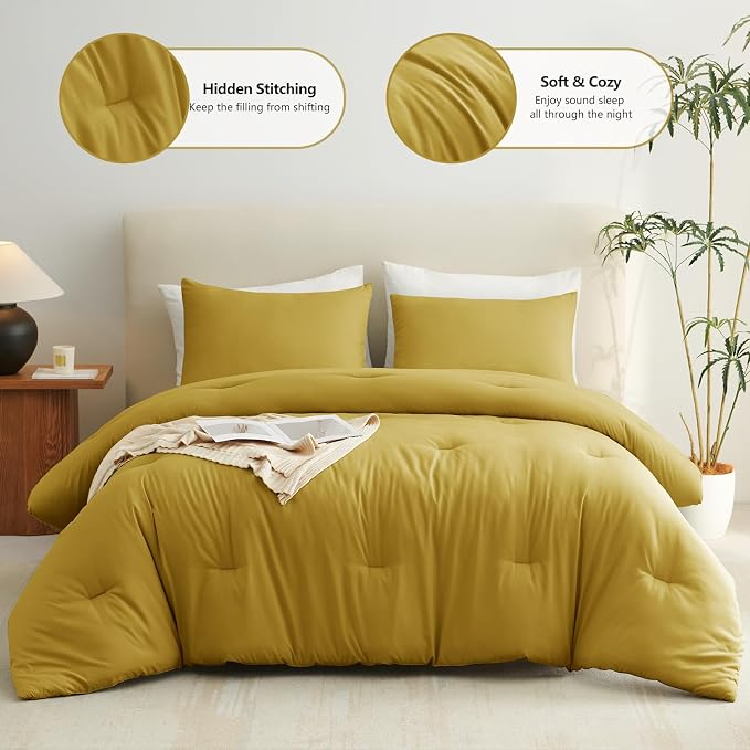 CozyLux Full Size Comforter Set Mustard Yellow, 3 Pieces Solid Breathable - Image 2