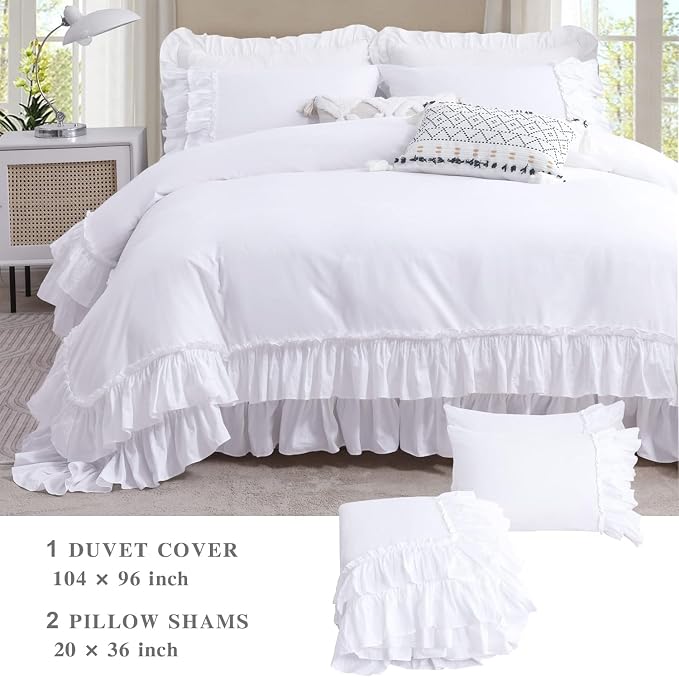 QSH Ruffle White Duvet Cover California King Size- Washed Cotton Shabby - Image 4