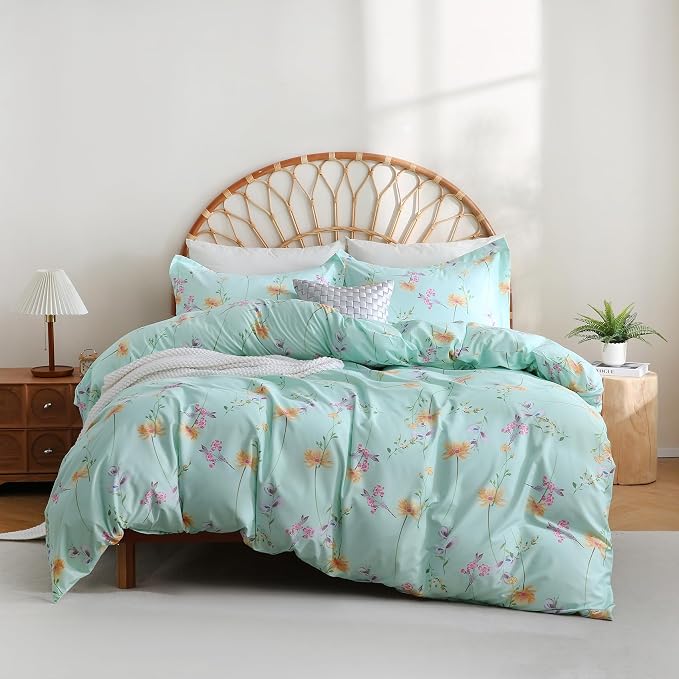 JSD Green Floral Duvet Cover Set Queen Size, 3 Piece Botanical Printed by JSD