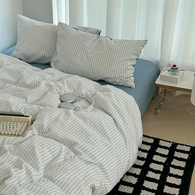 Nayoroom Blue Striped Duvet Cover Queen Size 100% Washed Cotton Duvet Cover - Image 5