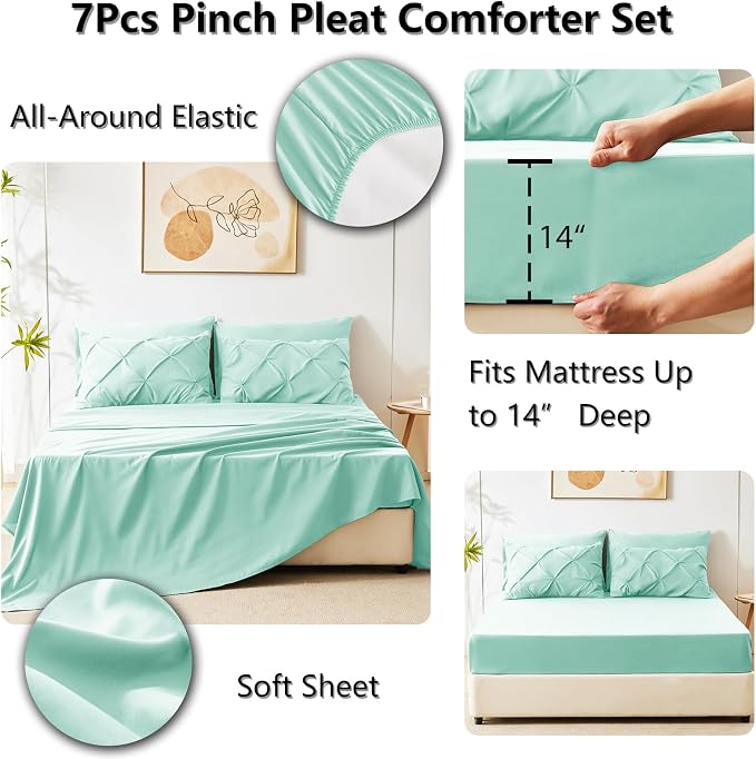 CozyLux Full Size Comforter Sets Mint Green, 7 Pieces Pintuck Bed in A Bag - Image 6