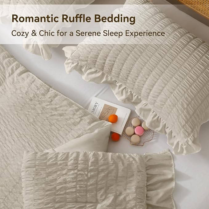 JOLLYVOGUE Queen Comforter Set, 3 Pieces Oatmeal Seersucker Comforters Queen - Image 4