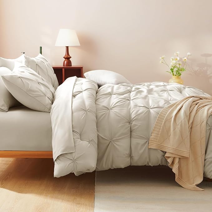 CozyLux Queen Comforter Set Oatmeal, 7 Pieces Pintuck Bed in A Bag, Premium - Image 9