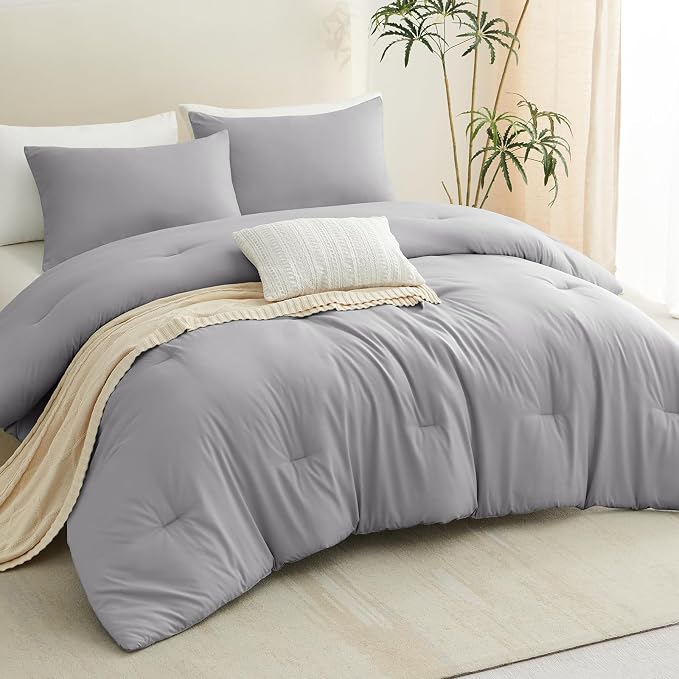 CozyLux Full Size Comforter Set Grey, 3 Pieces Solid Breathable Quilted Bedding - Image 8