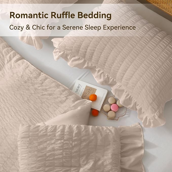 JOLLYVOGUE Beige Comforter Full Size, 3 Pieces Seersucker Lightweight Full Size - Image 4