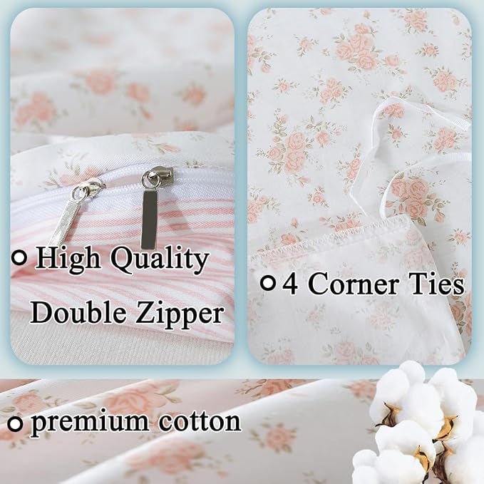 FADFAY Queen Duvet Cover Set Pink Floral Comforter Cover 100% Cotton Girls Pink - Image 3
