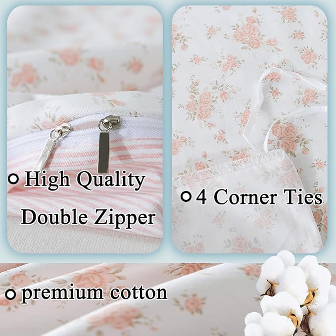 FADFAY Full Duvet Cover Set Pink Floral Comforter Cover 100% Cotton Girls Pink - Image 3
