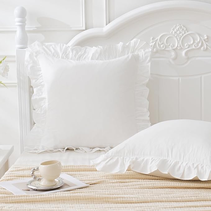 Vintage Off White Ruffle Euro Shams Shabby Farmhouse Pillow Cover 100% Washed by Qilunn