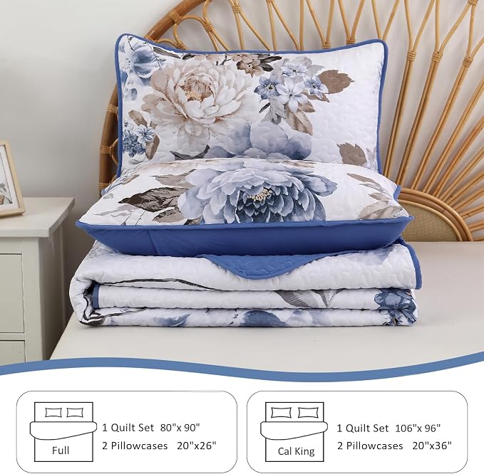 WONGS BEDDING Floral Quilt Set Blue Full Size 3 Pieces Elegant Botanical Print - Image 7