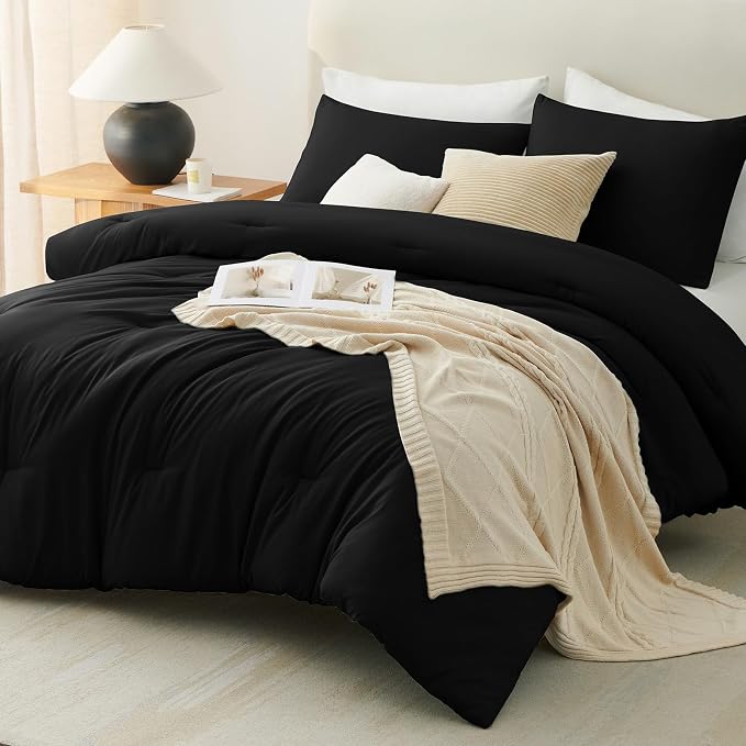 CozyLux California King Comforter Set Black, 3 Pieces Cal King Solid Breathable - Image 8