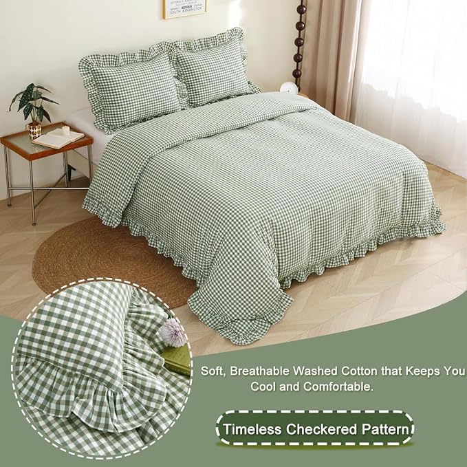 Silnuo Sage Green/White Plaid Ruffle Duvet Cover Queen Size, 100% Washed Cotton - Image 3