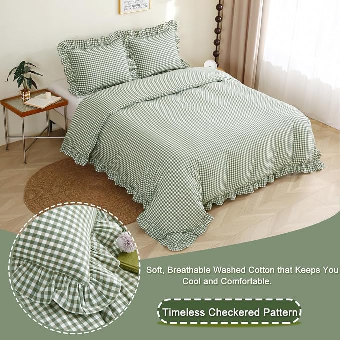 Silnuo Sage Green/White Plaid Ruffle Duvet Cover King Size, 100% Washed Cotton - Image 3