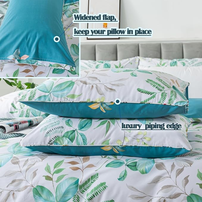 FADFAY Botanical Duvet Cover Set Twin XL 100% Cotton College Bedding Teal Green - Image 5