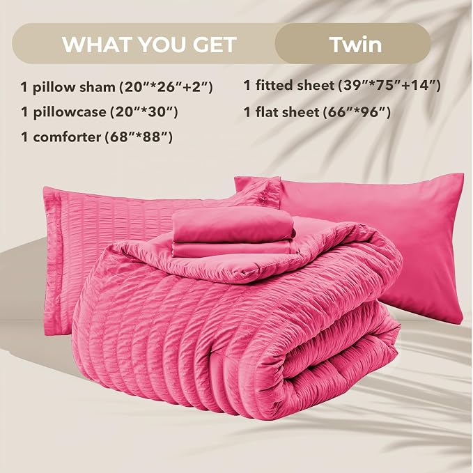 HYMOKEGE Hot Pink Twin Comforter Set Seersucker 5 Pieces, All Season Luxury Bed - Image 6