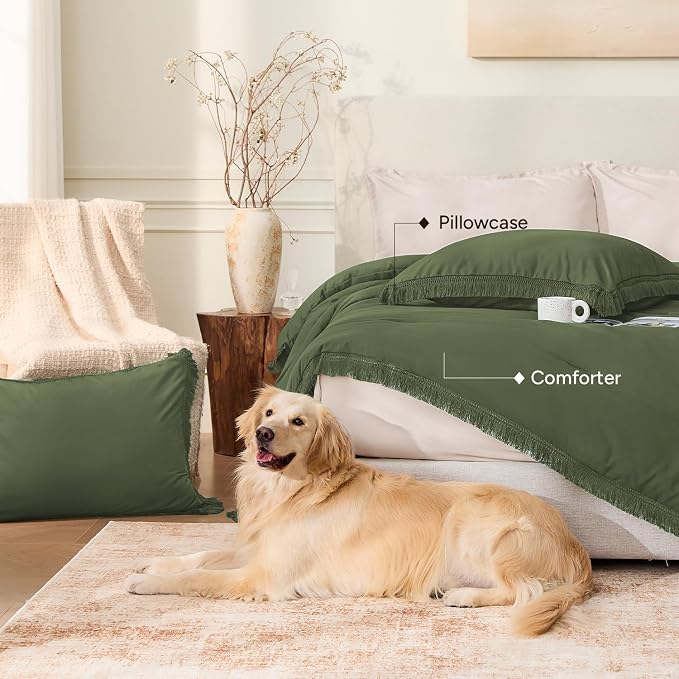 Andency Olive Green Comforter Set Full Size, 3 Pieces Boho Tassel Lightweight - Image 5