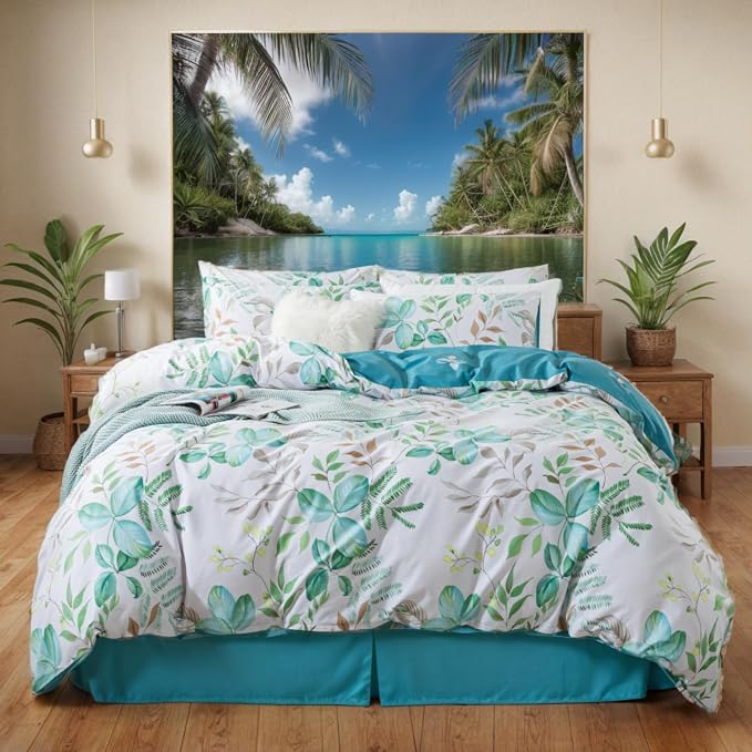 FADFAY Botanical Duvet Cover Set Twin XL 100% Cotton College Bedding Teal Green - Image 8