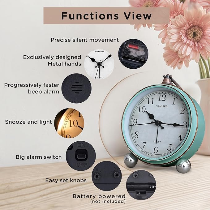 Peakeep 4" Small Battery Operated Antique Retro Analog Alarm Clock - Image 4