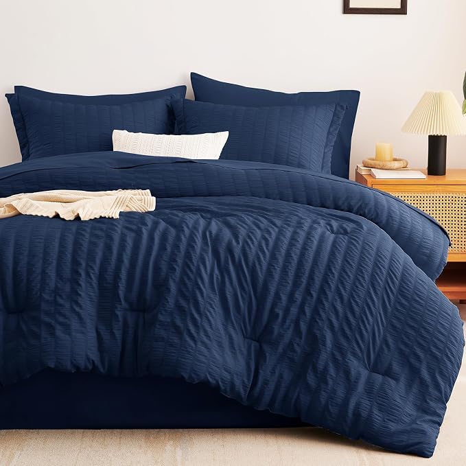CozyLux Oversized Queen Comforter Set Navy Blue Seersucker 7 Pieces 98x98 Bed - Image 9
