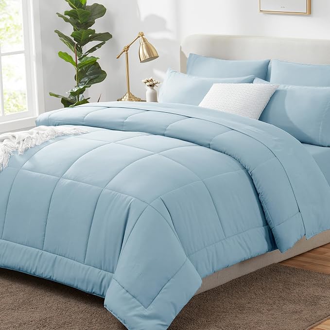 CozyLux Queen Comforter Set Light Blue, 7 Pieces Bed in a Bag, All Season by CozyLux